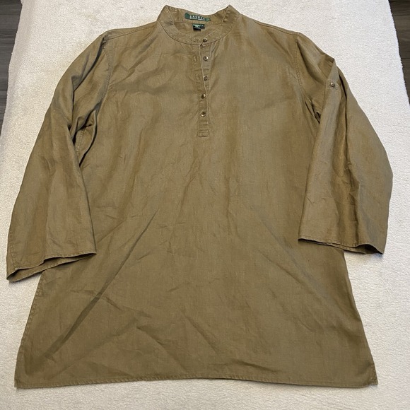 Lauren Ralph Lauren Tunic Top Large Linen Green Popover Roll Tab Minimalist - Picture 1 of 9
